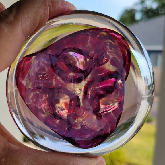 Handcrafted Glass Paperweight With Purple Pink Swirl Design Artist Signed - Picture 2 of 6